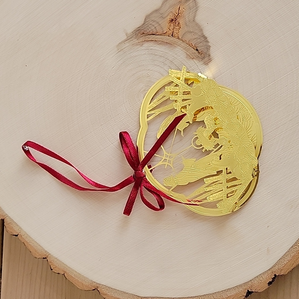 Gold Intricate Filigree Joseph Mary Jesus in Manger Ornament